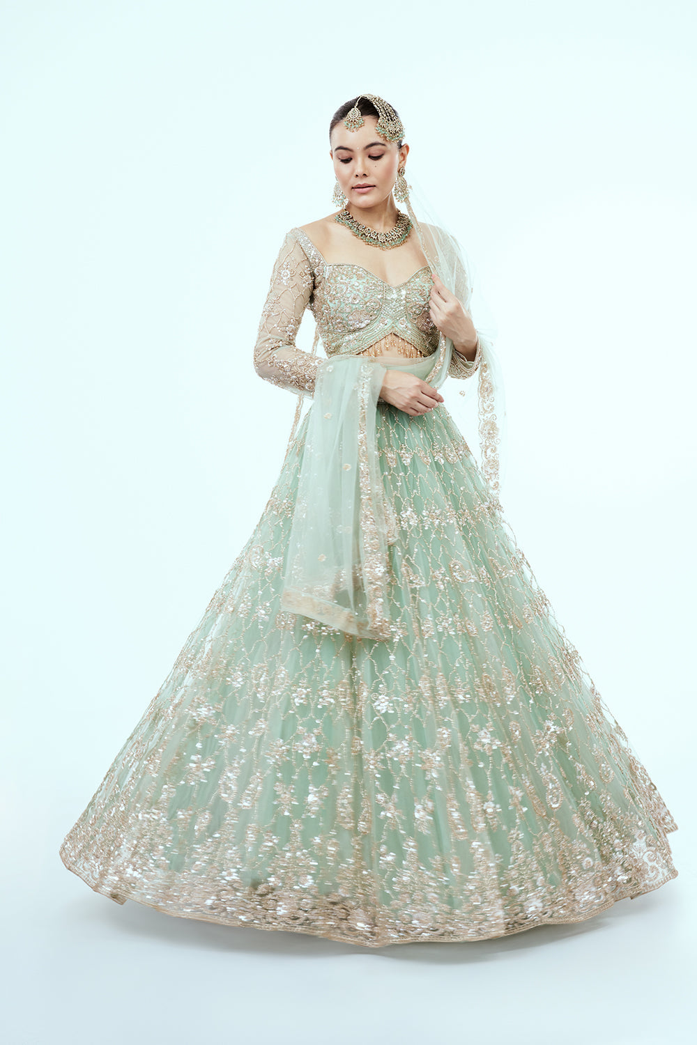 Pastel Green Hand Embroidered Net Lehenga with Cutdana Work