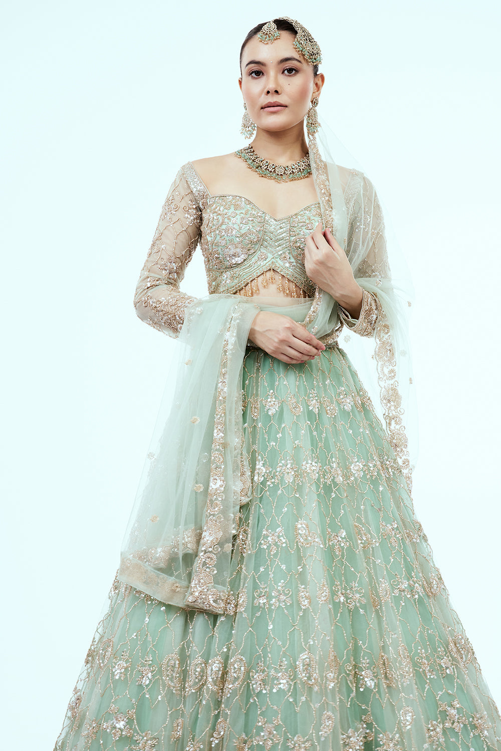 Pastel Green Hand Embroidered Net Lehenga with Cutdana Work