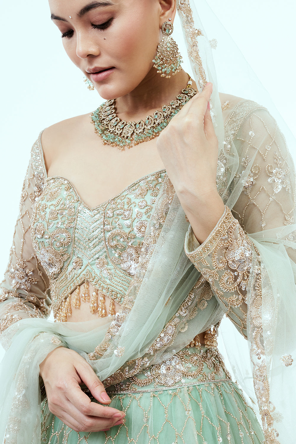 Pastel Green Hand Embroidered Net Lehenga with Cutdana Work