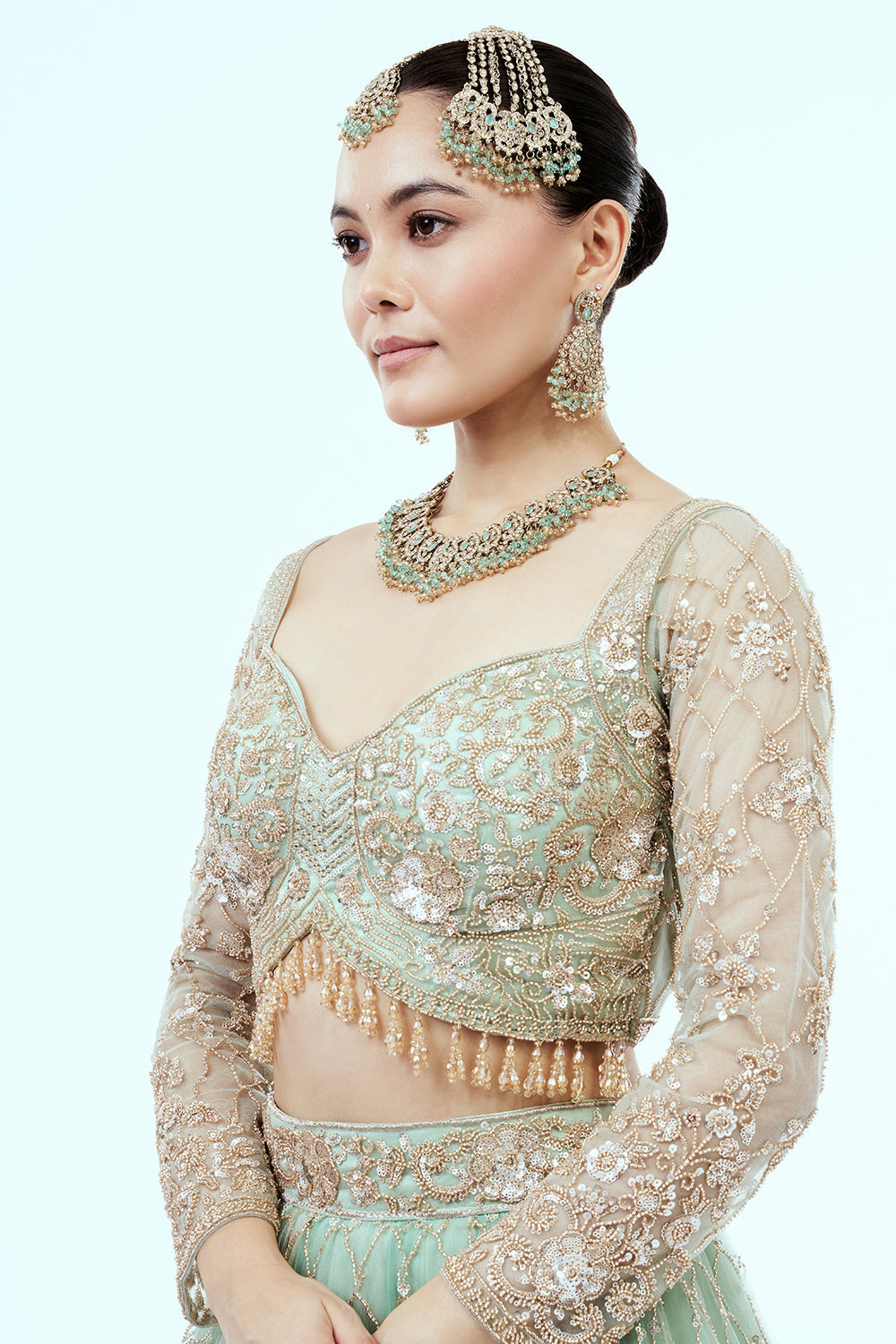 Pastel Green Hand Embroidered Net Lehenga with Cutdana Work