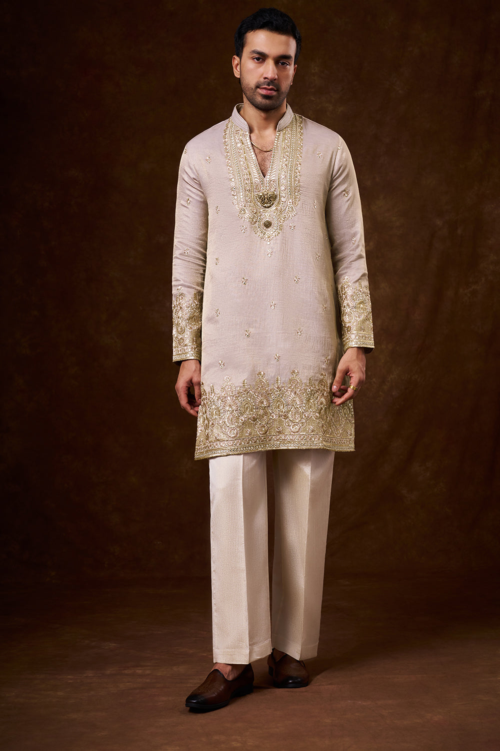 Pastel Lavender Tissue Silk Men's Kurta Set with Mirror Work
