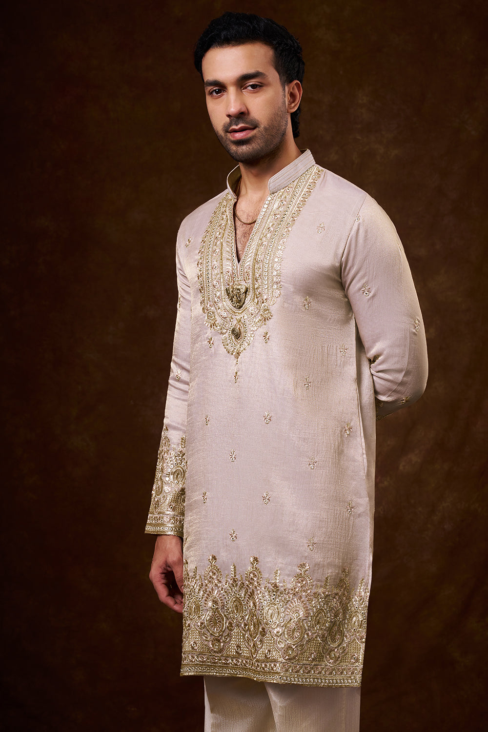 Pastel Lavender Tissue Silk Men's Kurta Set with Mirror Work