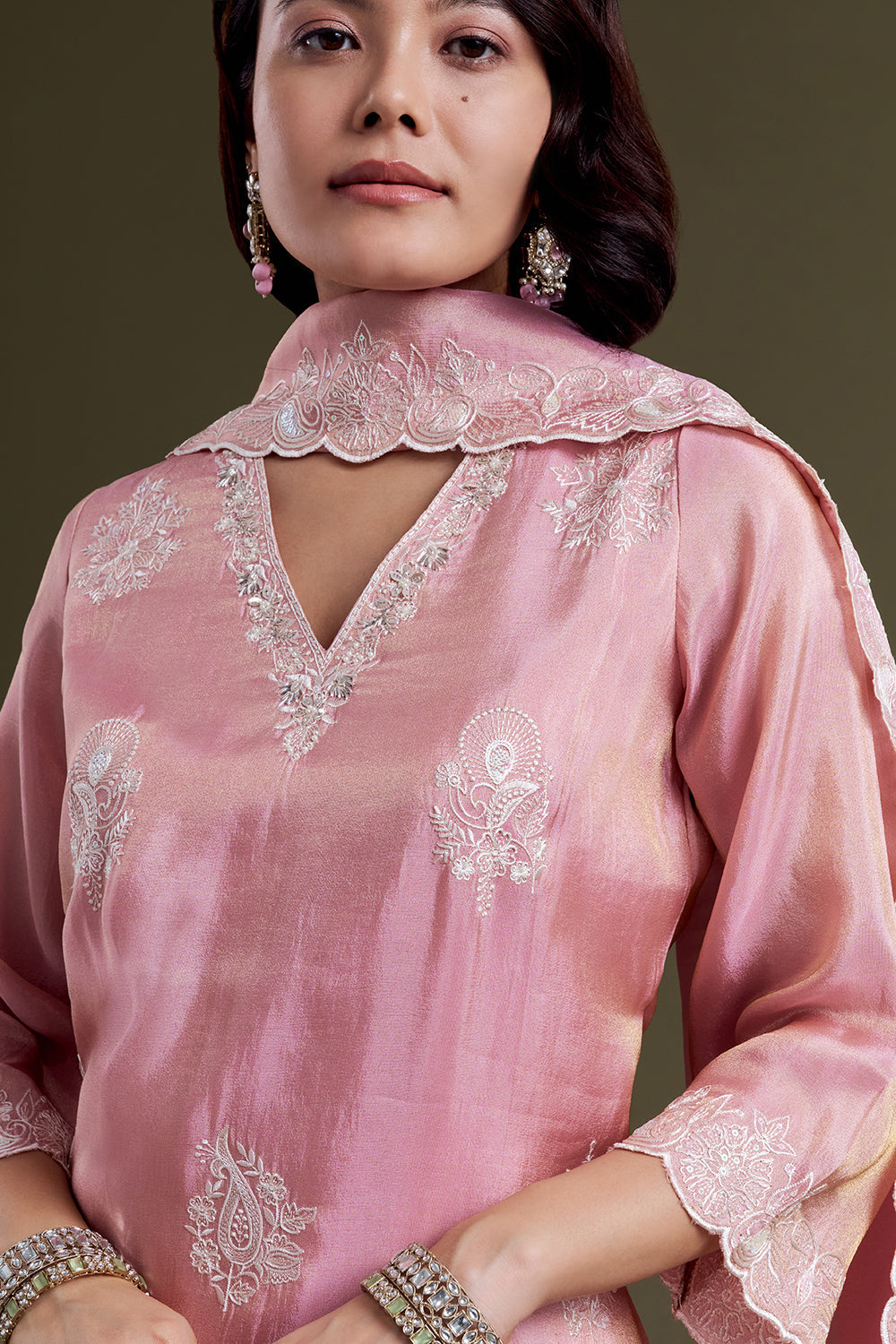 Pastel Pink Tissue Short Kurta Set with Patiala-Style Pants and Resham Embroidery