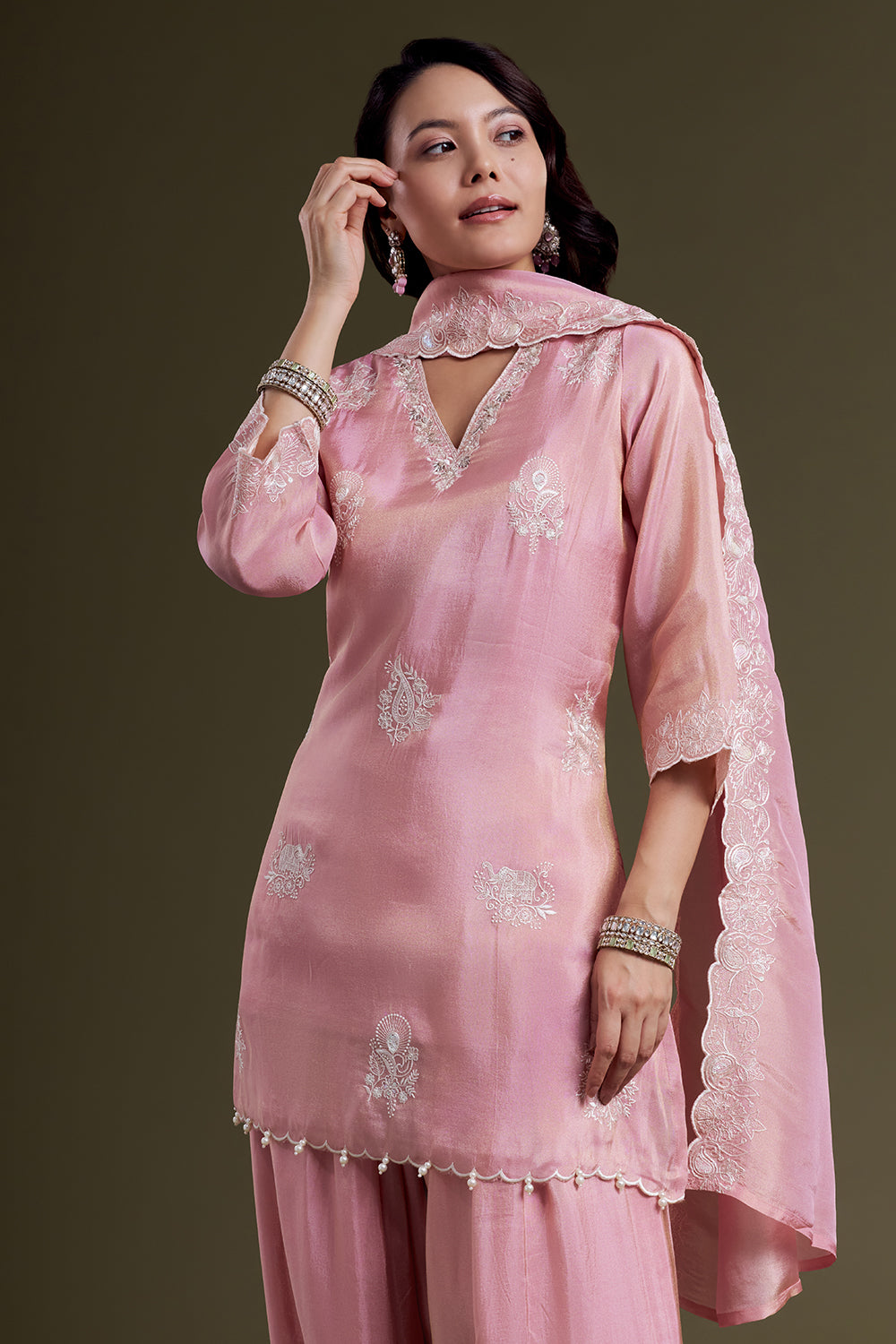 Pastel Pink Tissue Short Kurta Set with Patiala-Style Pants and Resham Embroidery