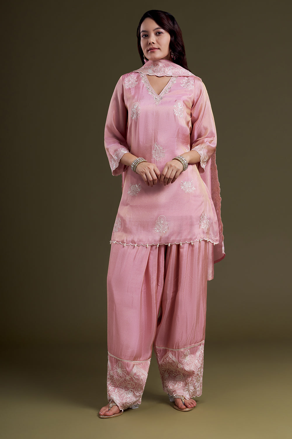 Pastel Pink Tissue Short Kurta Set with Patiala-Style Pants and Resham Embroidery