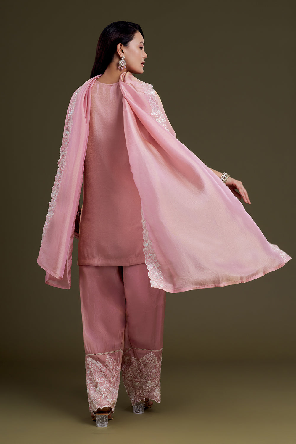 Pastel Pink Tissue Short Kurta Set with Patiala-Style Pants and Resham Embroidery
