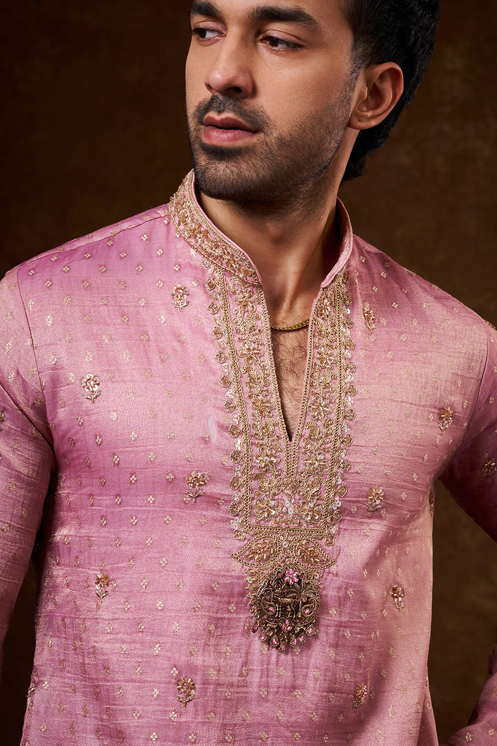 Pastel Pink Tissue Silk Men's Kurta Set with Cutdana Work