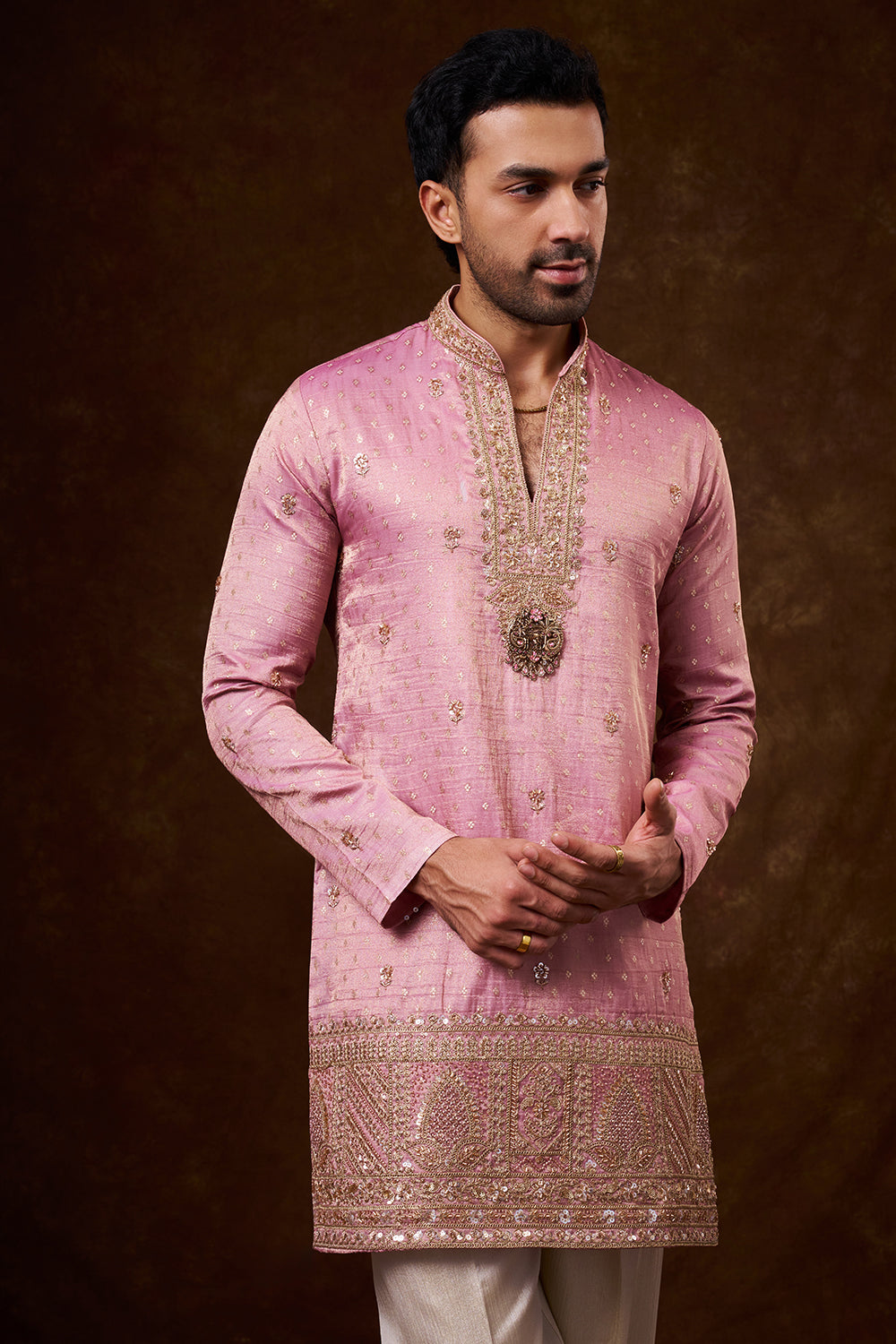 Pastel Pink Tissue Silk Men's Kurta Set with Cutdana Work