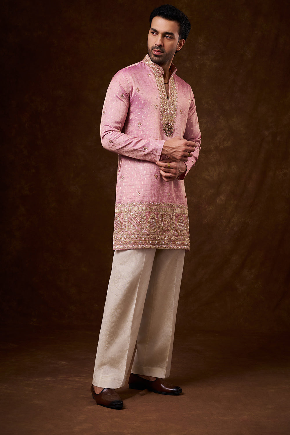 Pastel Pink Tissue Silk Men's Kurta Set with Cutdana Work