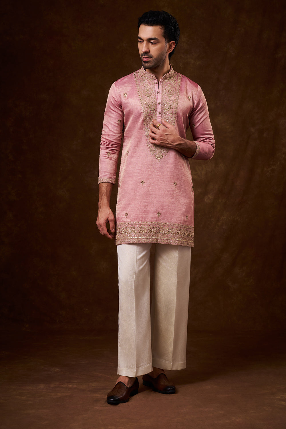 Pastel Pink Tissue Silk Men's Kurta Set with Resham Work