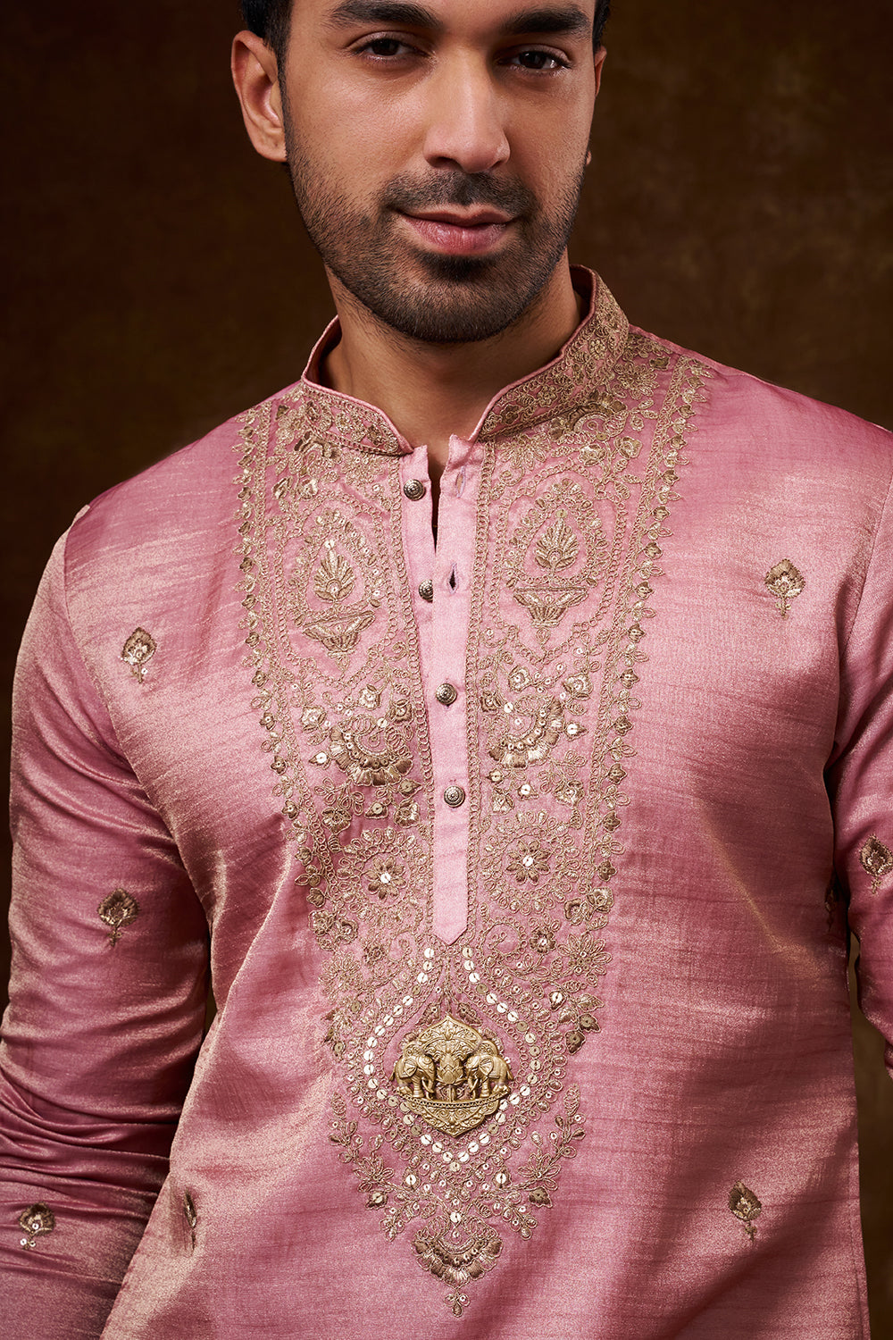 Pastel Pink Tissue Silk Men's Kurta Set with Resham Work