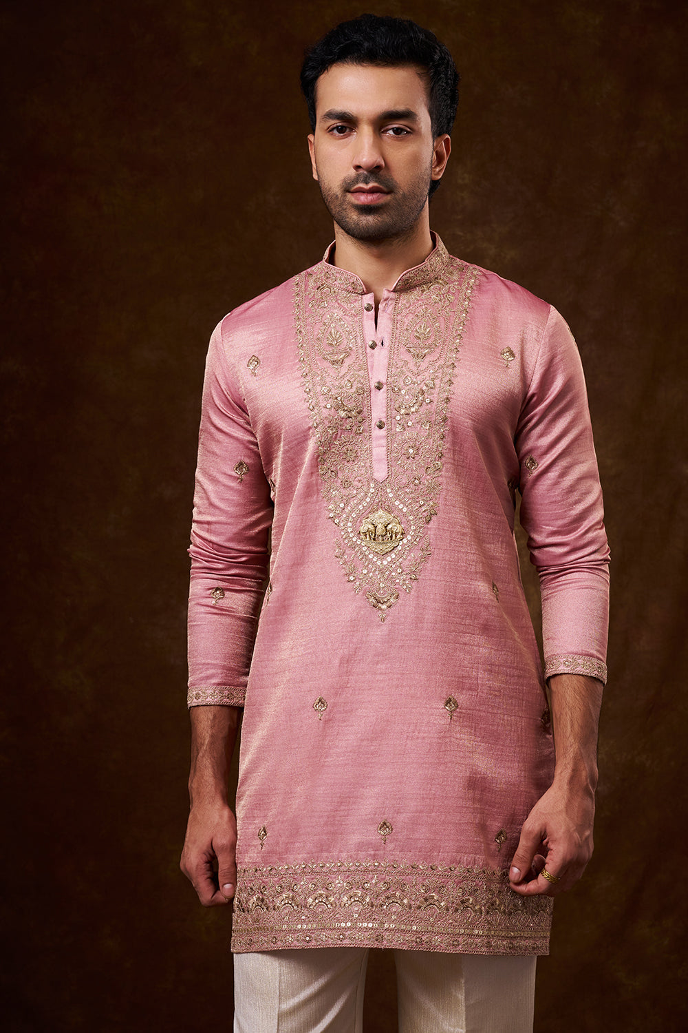 Pastel Pink Tissue Silk Men's Kurta Set with Resham Work