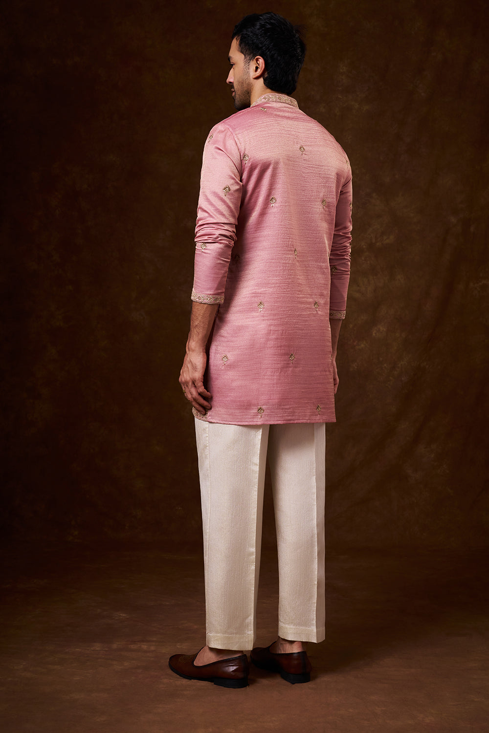 Pastel Pink Tissue Silk Men's Kurta Set with Resham Work