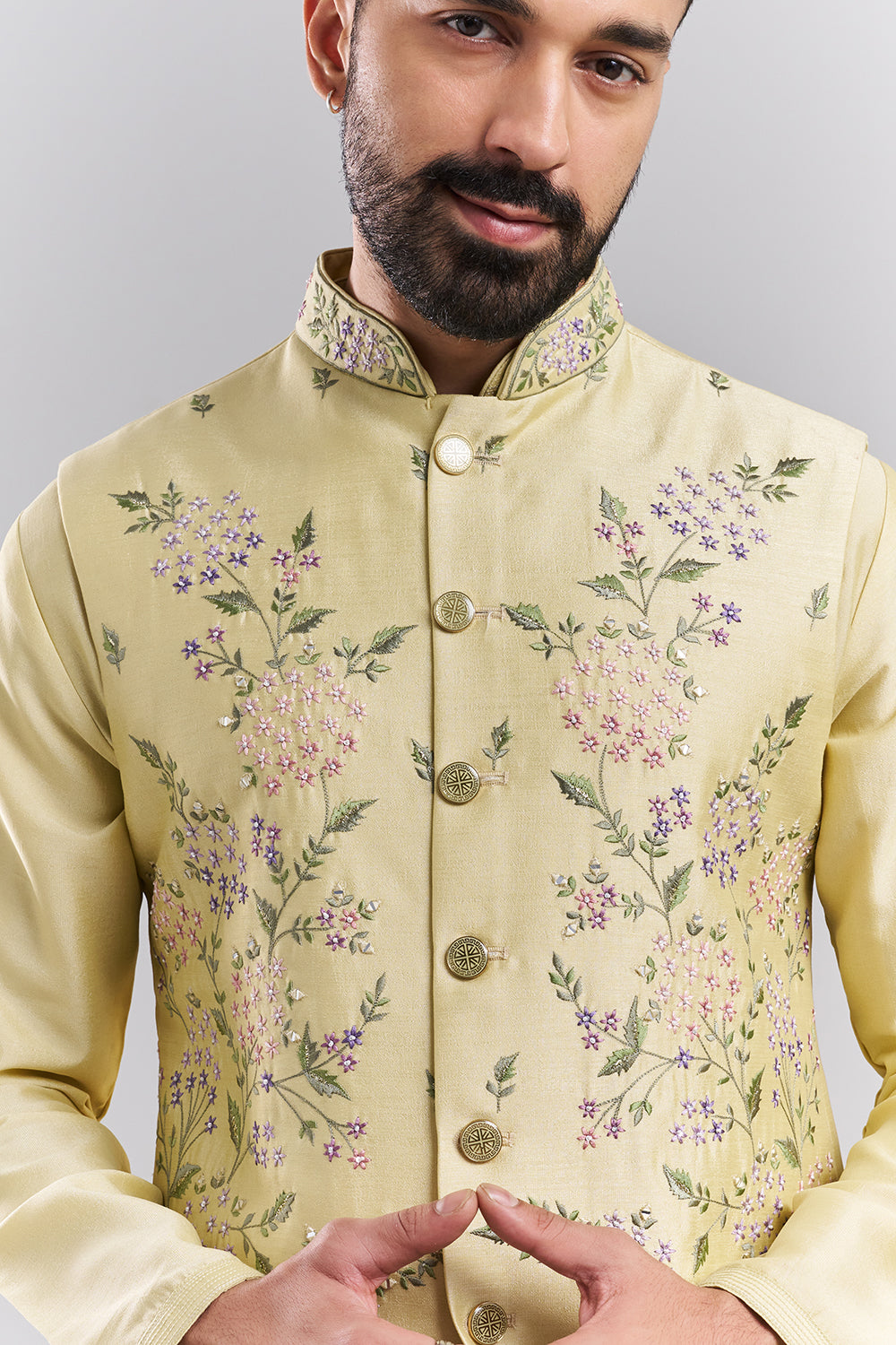Pastel Yellow Nokia Silk Men’s Kurta with Embroidered Jacket