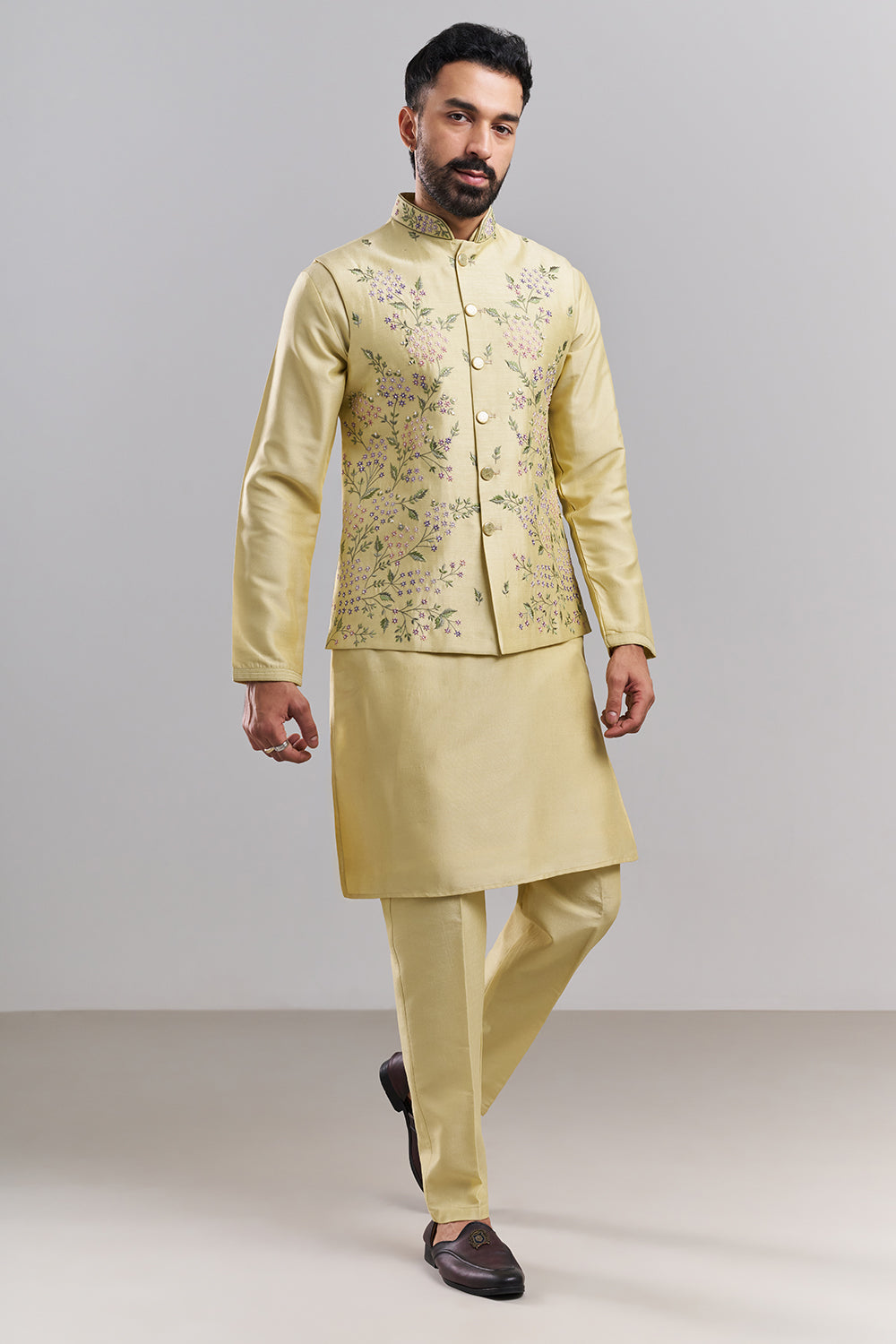 Pastel Yellow Nokia Silk Men’s Kurta with Embroidered Jacket