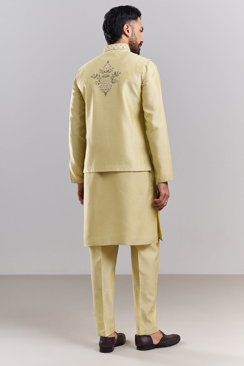 Pastel Yellow Nokia Silk Men’s Kurta with Embroidered Jacket