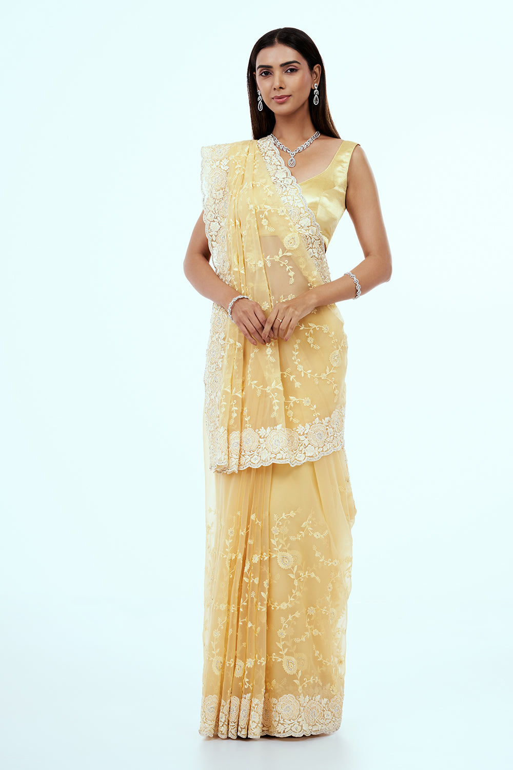 Pastel Yellow Organza Saree with Resham Embroidery