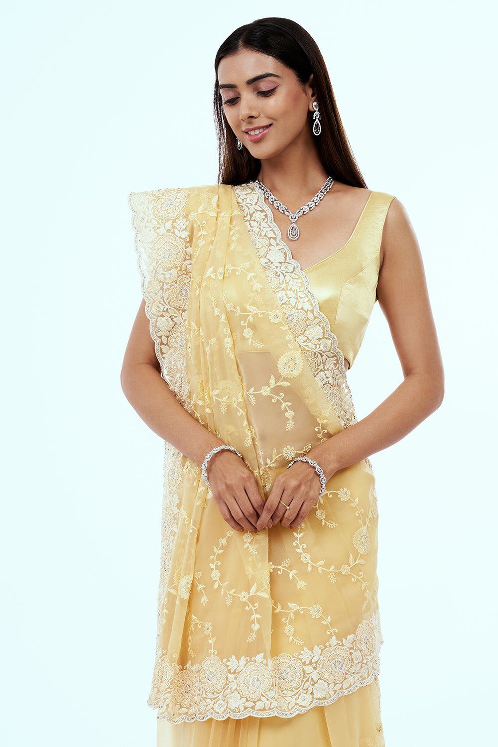Pastel Yellow Organza Saree with Resham Embroidery