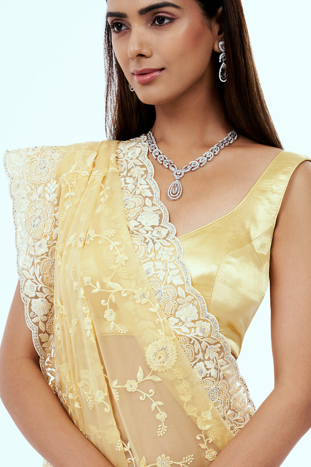 Pastel Yellow Organza Saree with Resham Embroidery