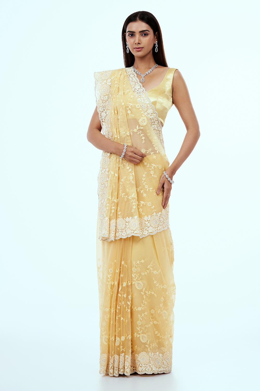 Pastel Yellow Organza Saree with Resham Embroidery