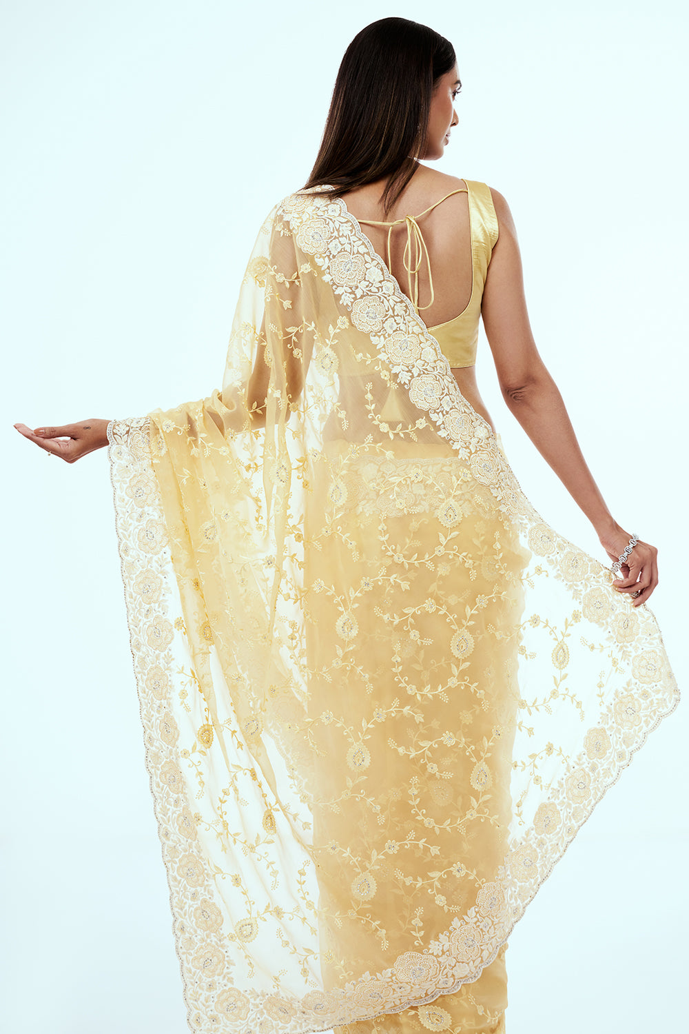 Pastel Yellow Organza Saree with Resham Embroidery