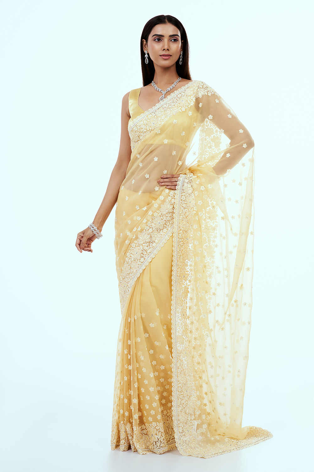 Pastel Yellow Organza Saree with Resham Embroidery and Butti Work