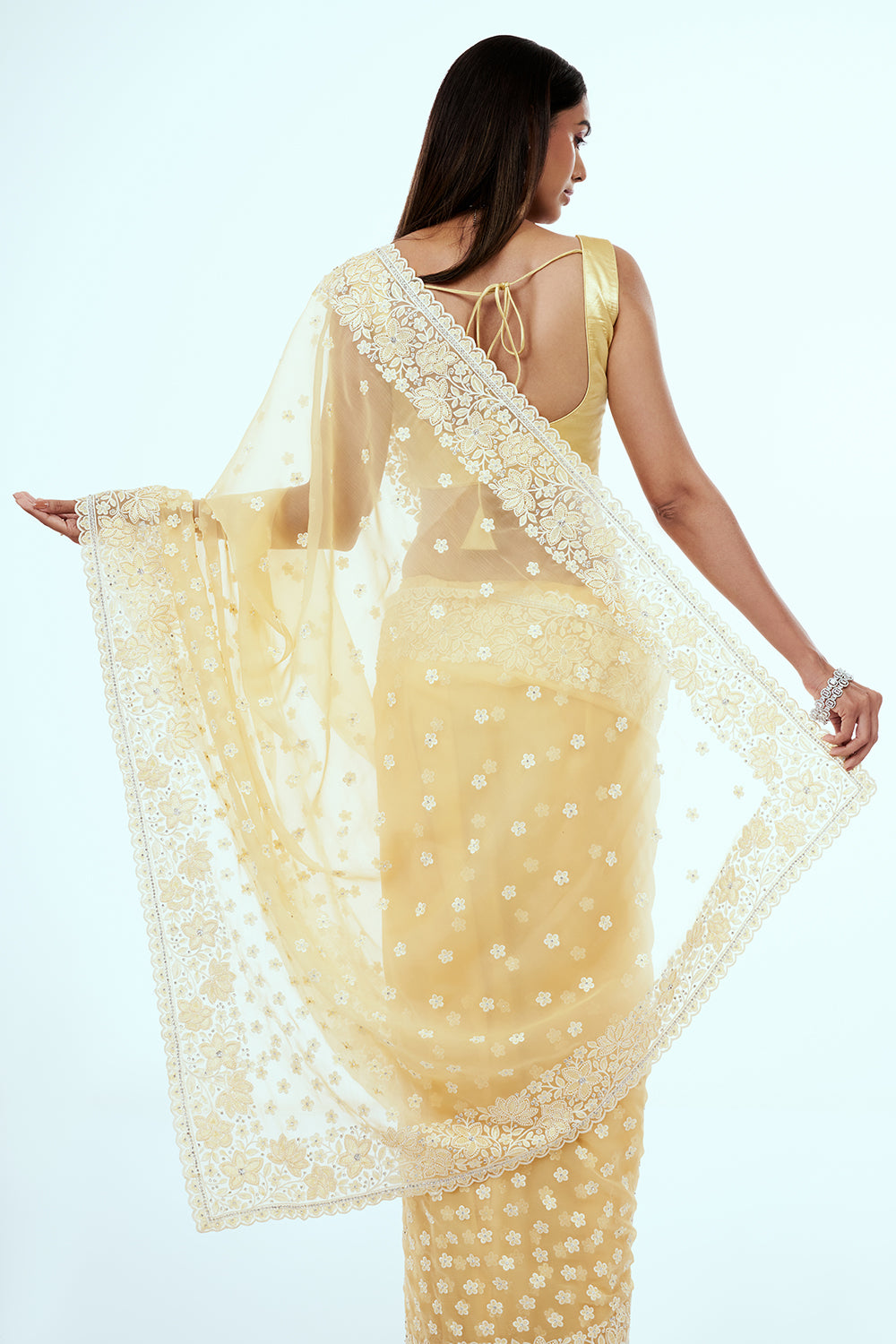 Pastel Yellow Organza Saree with Resham Embroidery and Butti Work