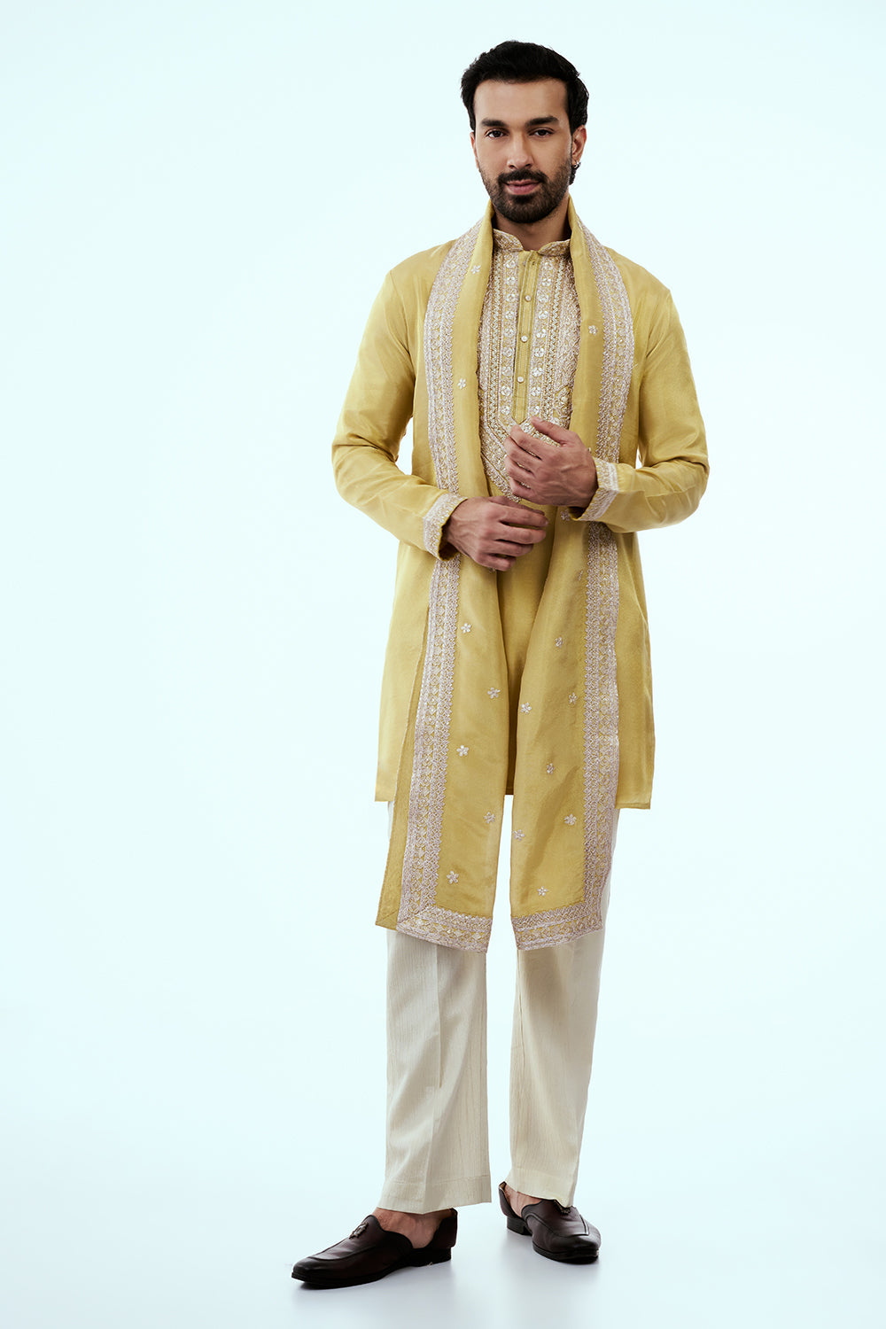 Pastel Yellow Tissue Mens Kurta Set in Dori Work with Dupatta