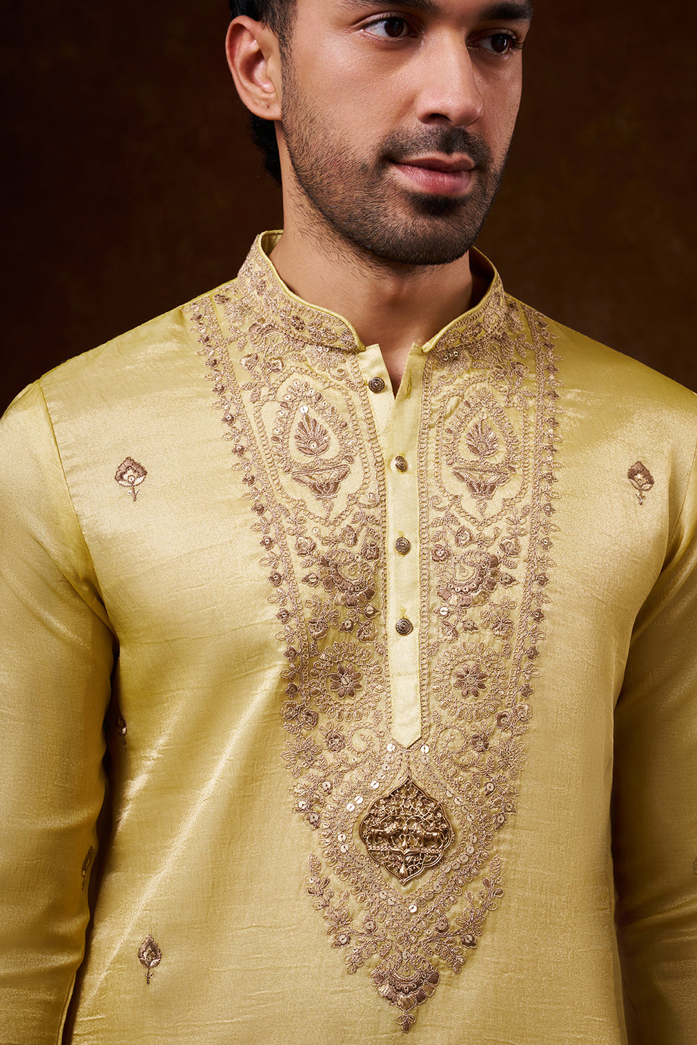 Pastel Yellow Tissue Silk Men's Kurta Set with Resham Work