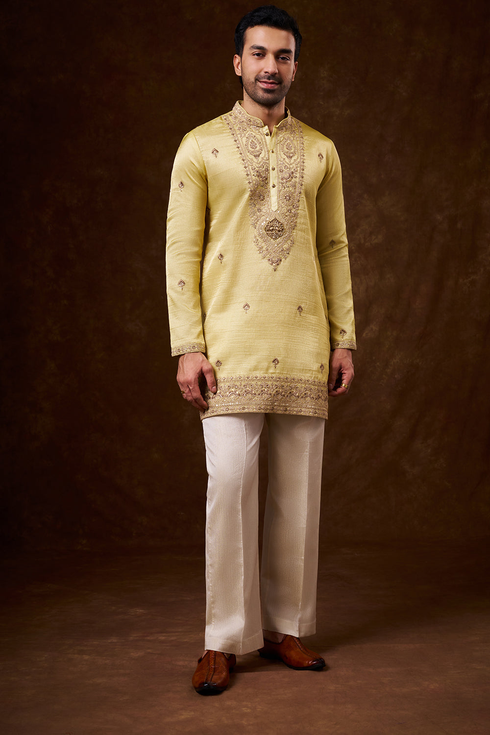 Pastel Yellow Tissue Silk Men's Kurta Set with Resham Work