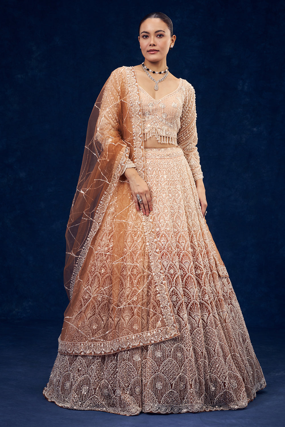 Peach and Orange Net Lehenga with Cutdana Hand Work