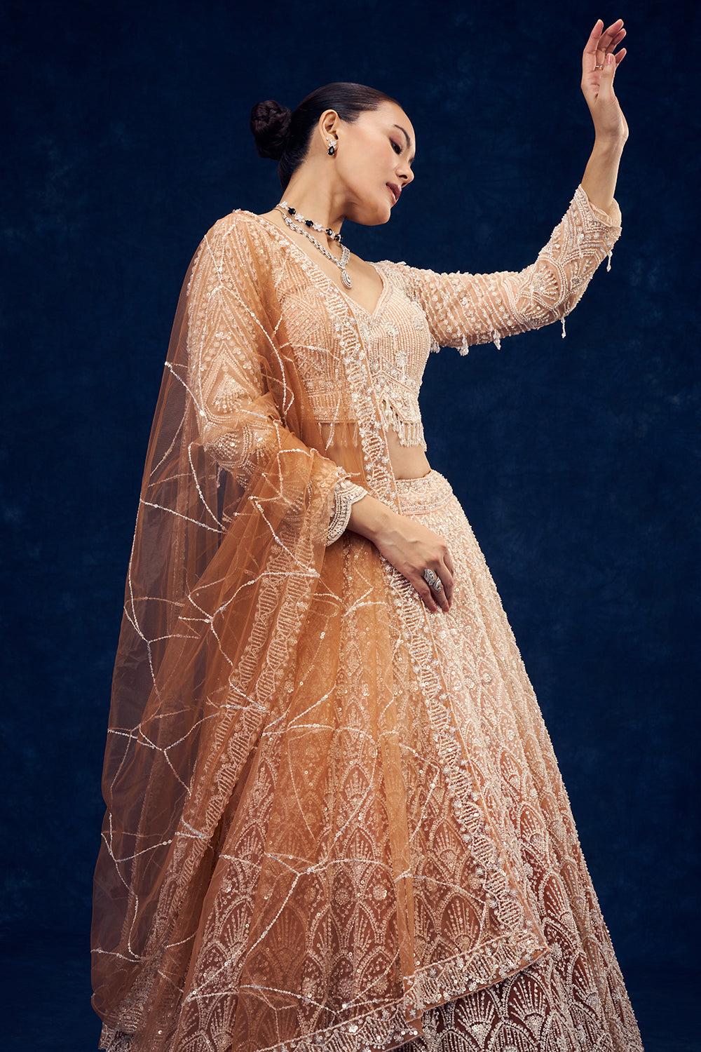 Peach and Orange Net Lehenga with Cutdana Hand Work