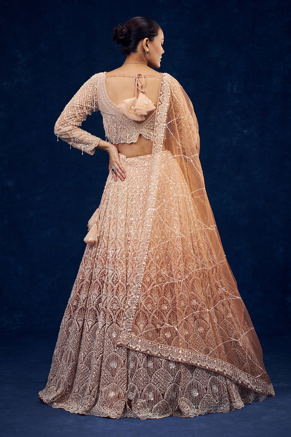 Peach and Orange Net Lehenga with Cutdana Hand Work