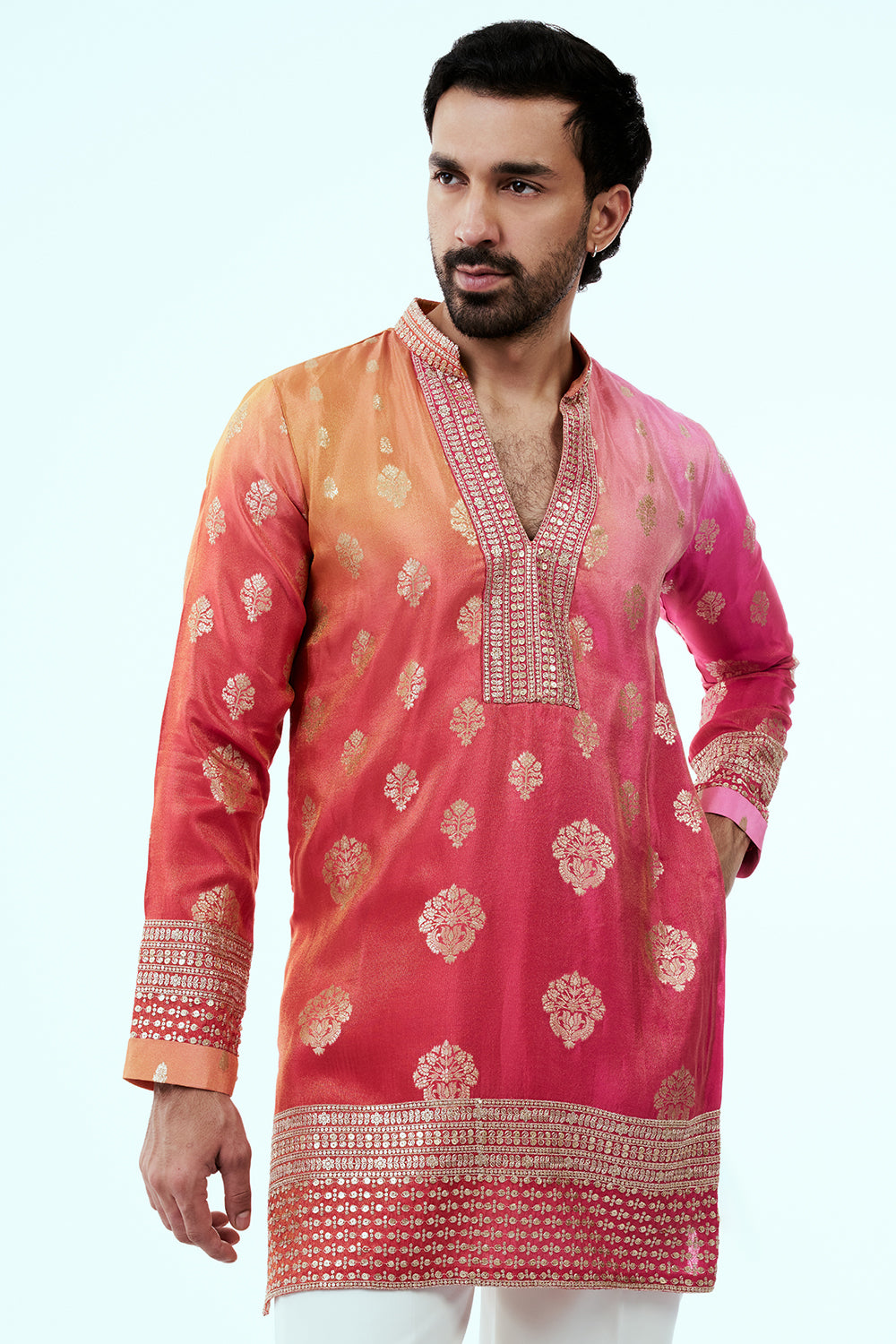 Peach and Pink Ombre Kurta with Golden Floral Buti Motifs
