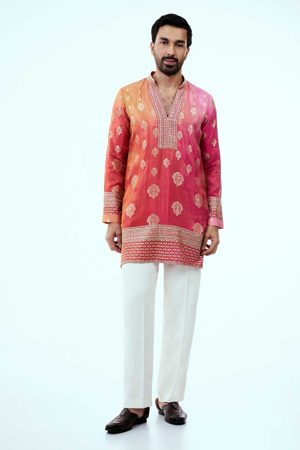 Peach and Pink Ombre Kurta with Golden Floral Buti Motifs