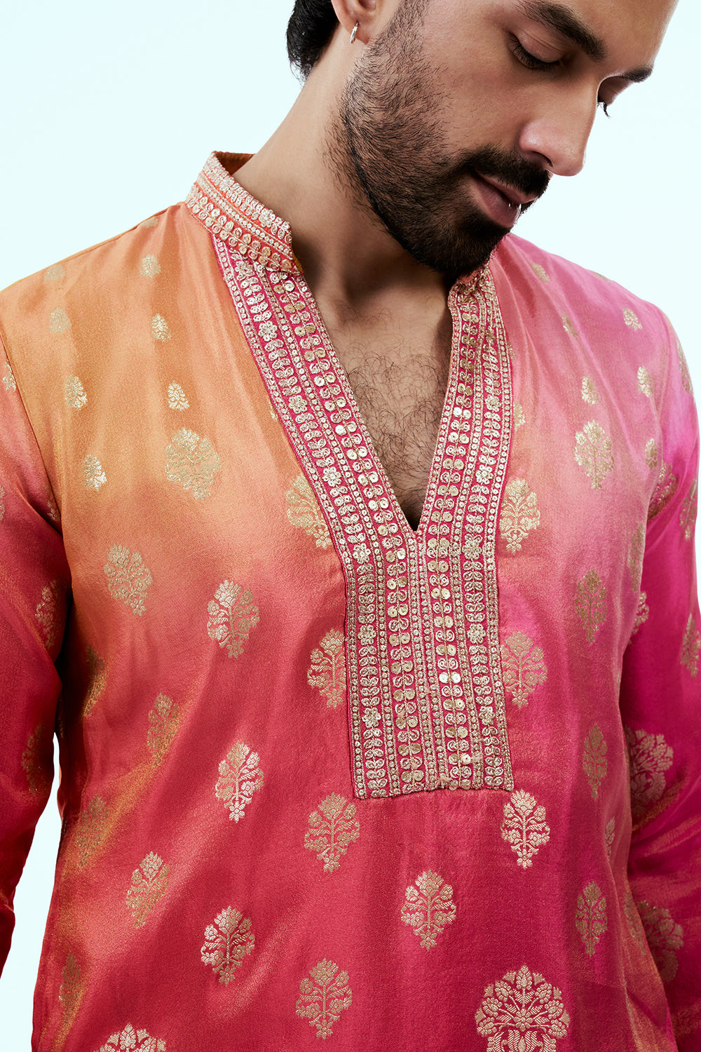 Peach and Pink Ombre Kurta with Golden Floral Buti Motifs