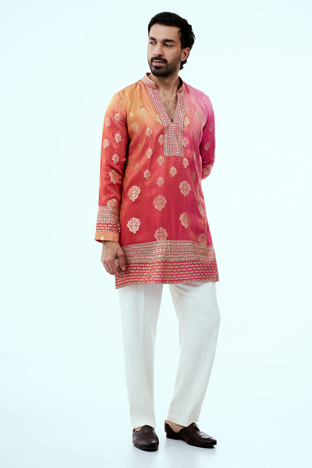 Peach and Pink Ombre Kurta with Golden Floral Buti Motifs