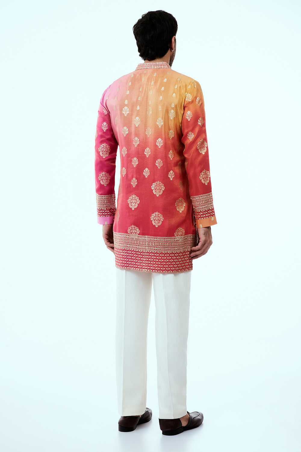 Peach and Pink Ombre Kurta with Golden Floral Buti Motifs
