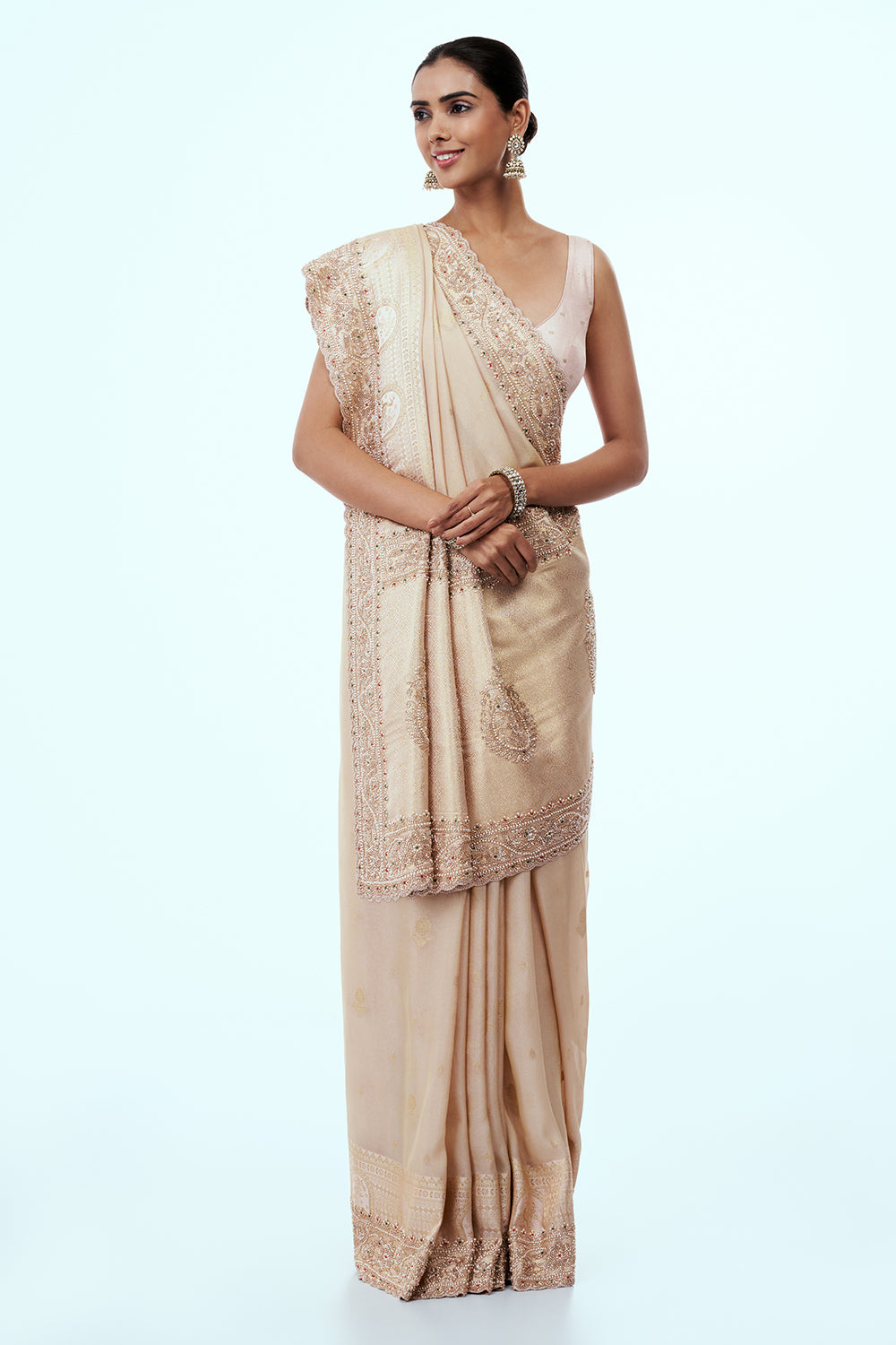 Peach Brocade Embellished Saree with Zari Work