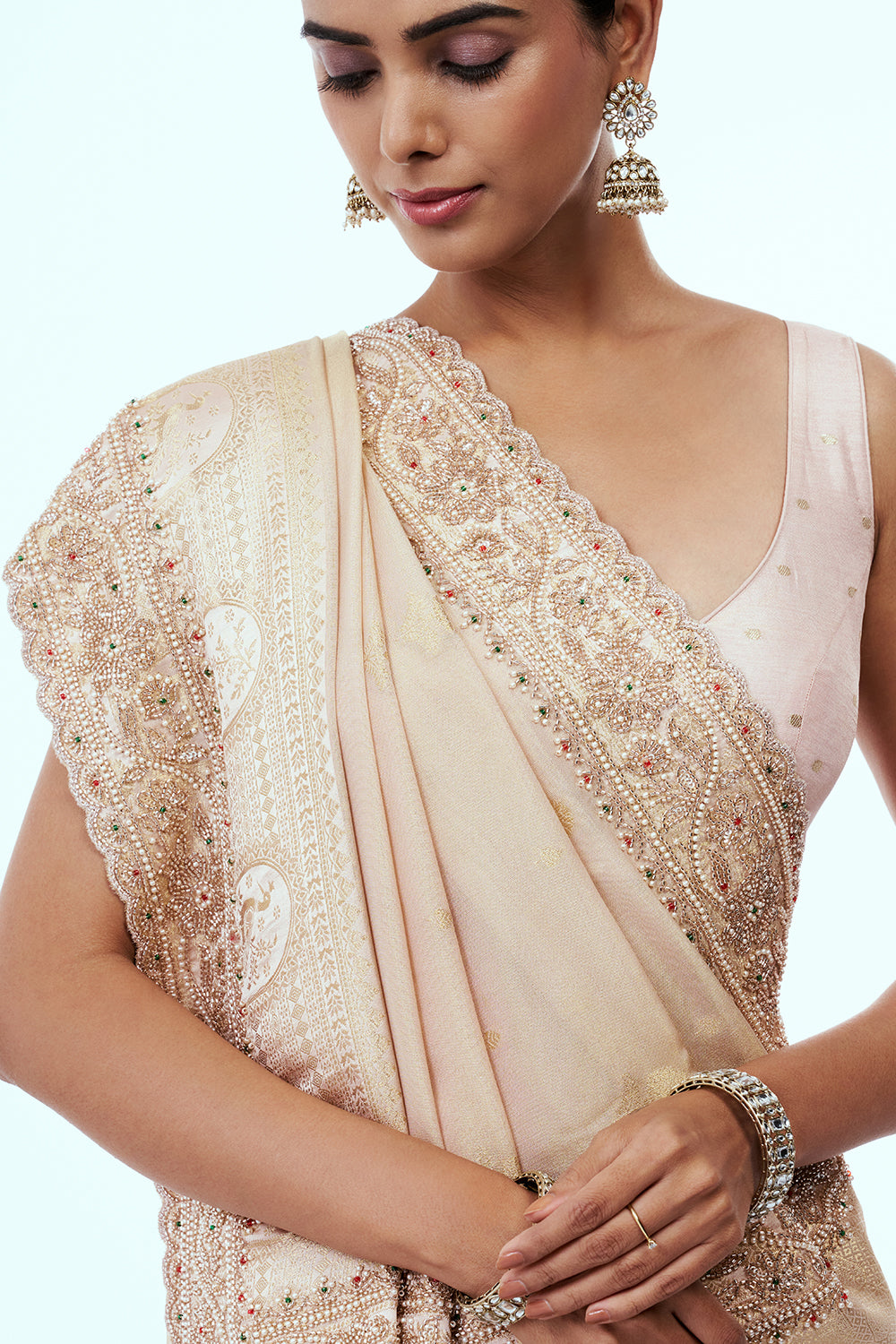 Peach Brocade Embellished Saree with Zari Work