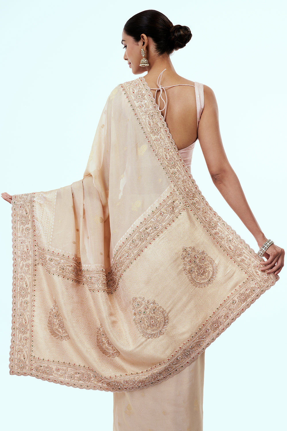 Peach Brocade Embellished Saree with Zari Work