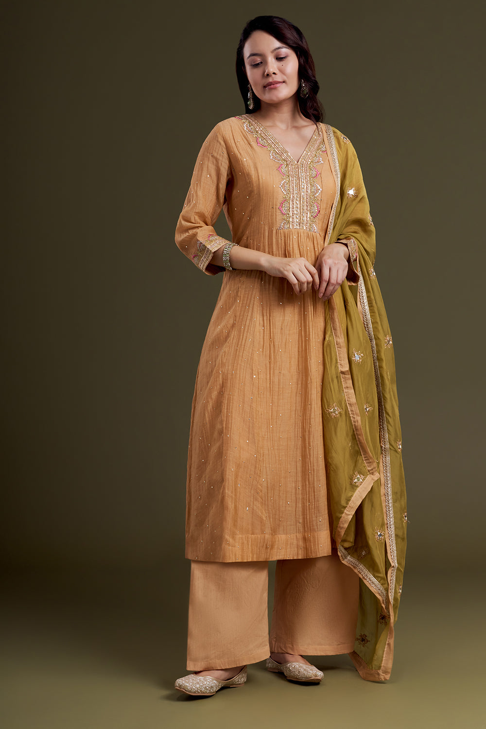 Muted Mustard Chanderi Silk Kurta Set with Olive Mirror-Work Dupatta