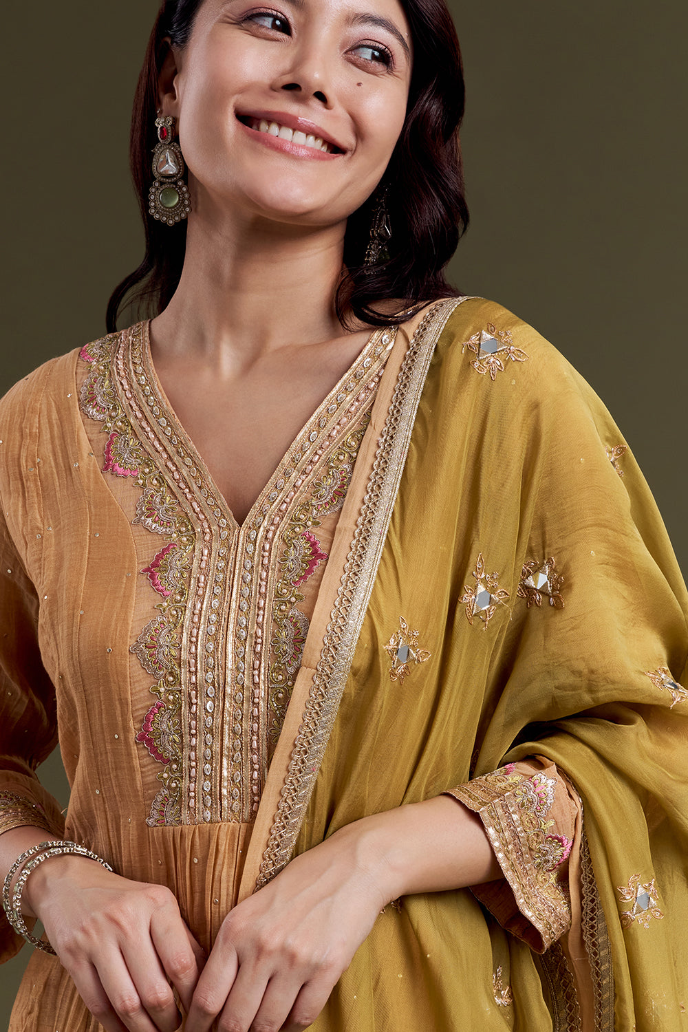 Muted Mustard Chanderi Silk Kurta Set with Olive Mirror-Work Dupatta