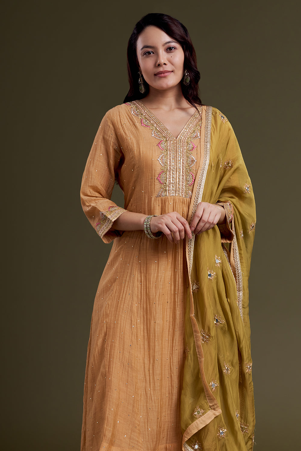 Muted Mustard Chanderi Silk Kurta Set with Olive Mirror-Work Dupatta