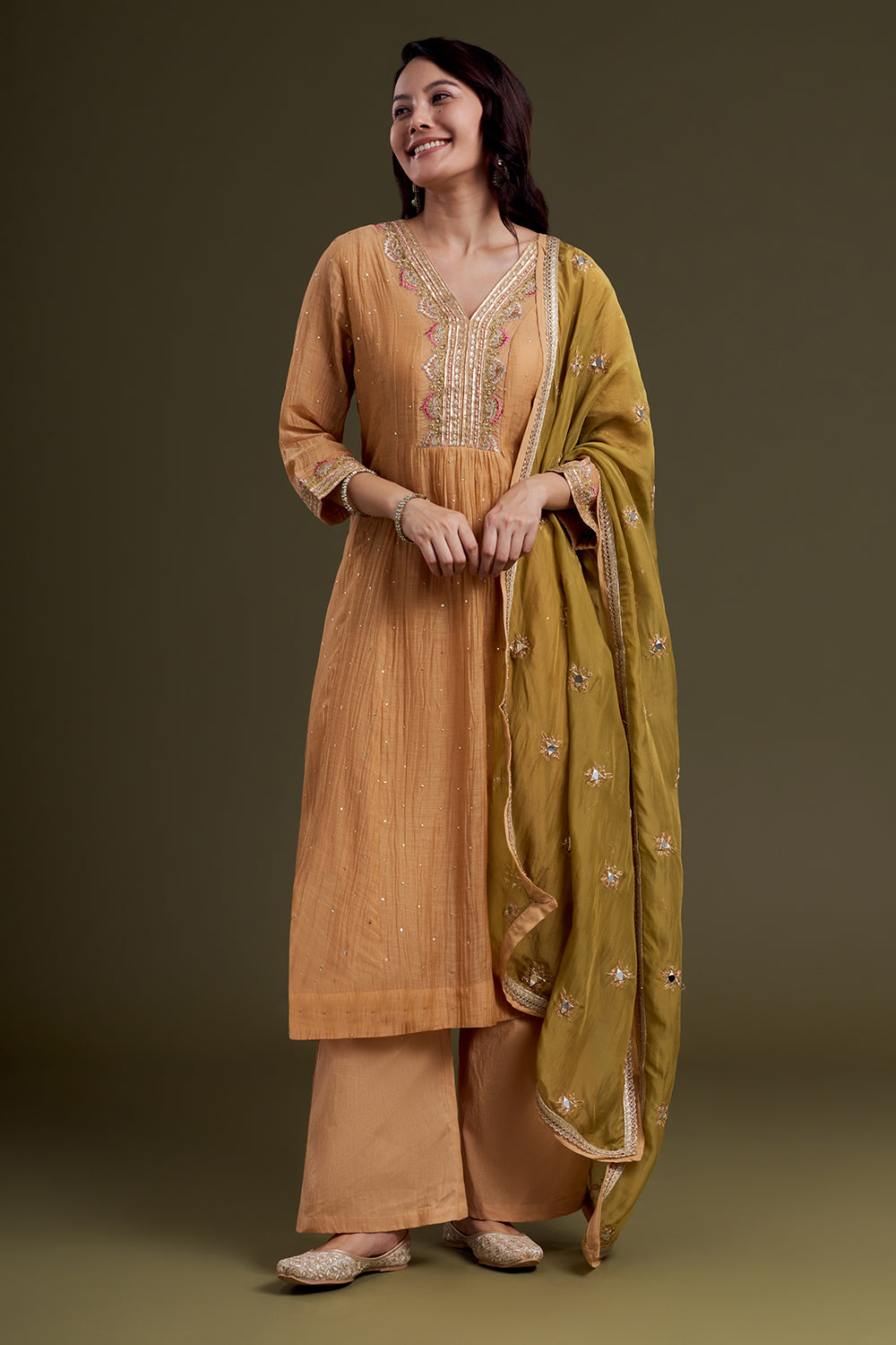 Muted Mustard Chanderi Silk Kurta Set with Olive Mirror-Work Dupatta