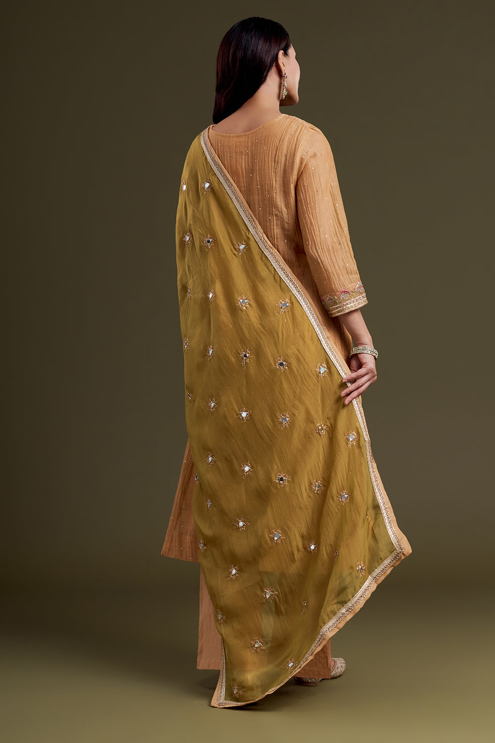 Muted Mustard Chanderi Silk Kurta Set with Olive Mirror-Work Dupatta