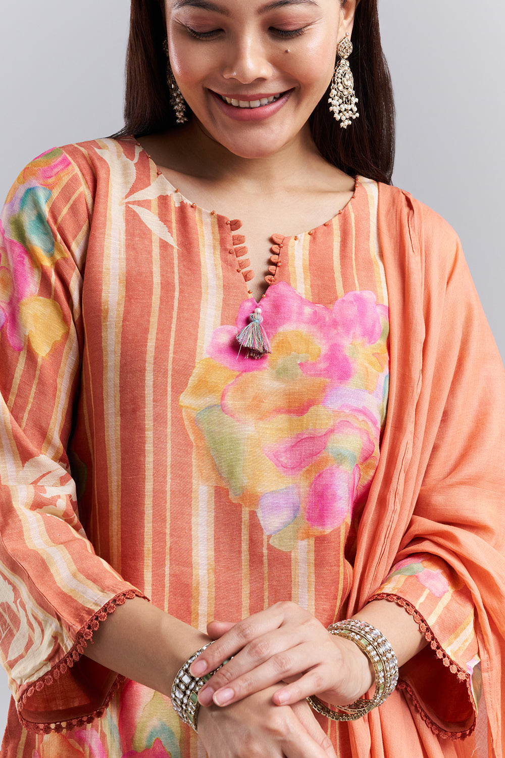 Peach Floral Printed Kurta Patiala Set with Dupatta