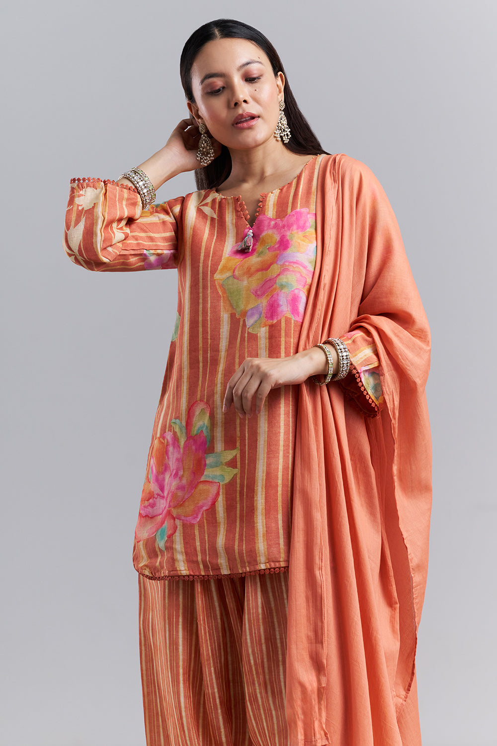Peach Floral Printed Kurta Patiala Set with Dupatta