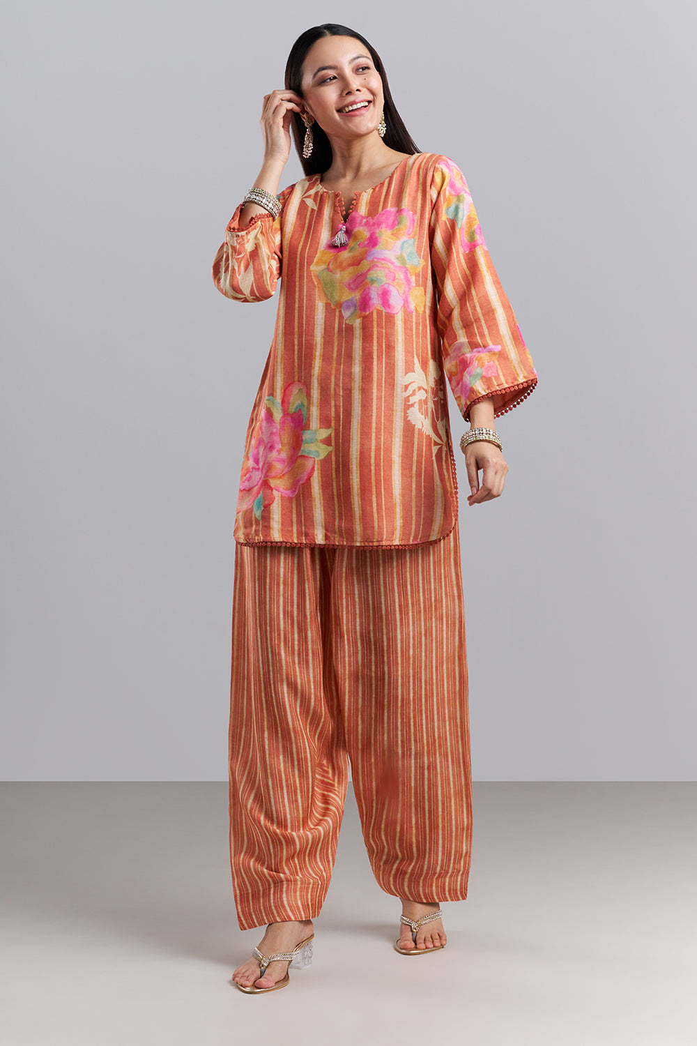 Peach Floral Printed Kurta Patiala Set with Dupatta