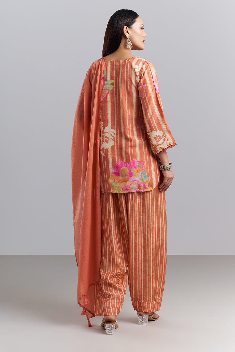 Peach Floral Printed Kurta Patiala Set with Dupatta